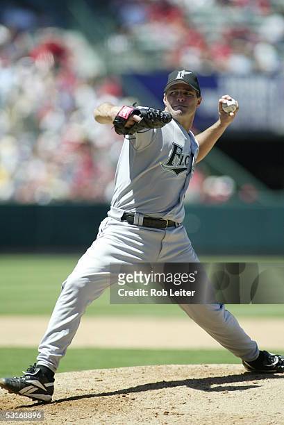 June 19: Al Leiter of the Florida Marlins pitches during the game against the Los Angeles Angels of Anaheim at Angel Stadium on June 19, 2005 in...