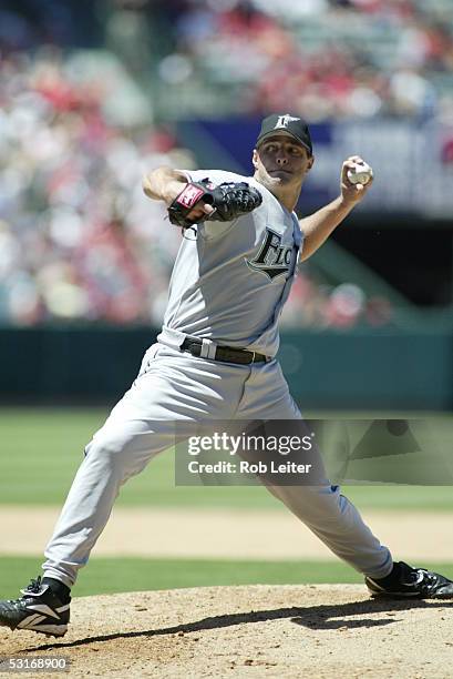 June 19: Al Leiter of the Florida Marlins pitches during the game against the Los Angeles Angels of Anaheim at Angel Stadium on June 19, 2005 in...