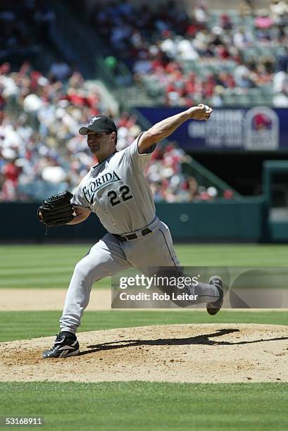 June 19: Al Leiter of the Florida Marlins pitches during the game against the Los Angeles Angels of Anaheim at Angel Stadium on June 19, 2005 in...