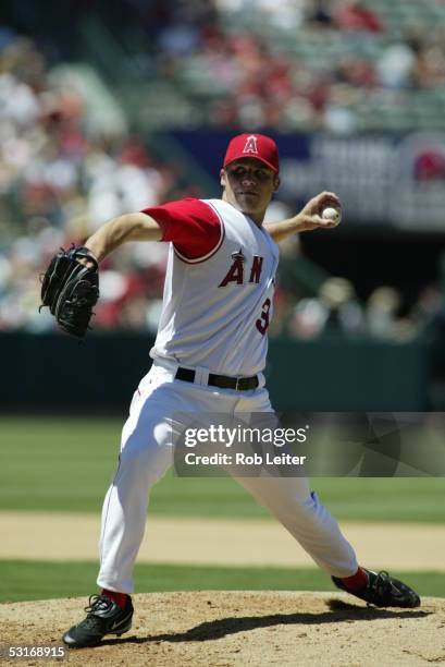 June 19: Jake Woods of the Los Angeles Angels of Anaheim pitches during the game against the Florida Marlins at Angel Stadium on June 19, 2005 in...