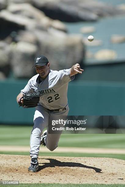 June 19: Al Leiter of the Florida Marlins pitches during the game against the Los Angeles Angels of Anaheim at Angel Stadium on June 19, 2005 in...