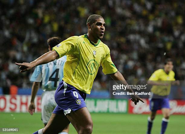Adriano of Brazil celebrates scoring his team's fourth goal during the FIFA 2005 Confederations Cup Final between Brazil and Argentina at the...