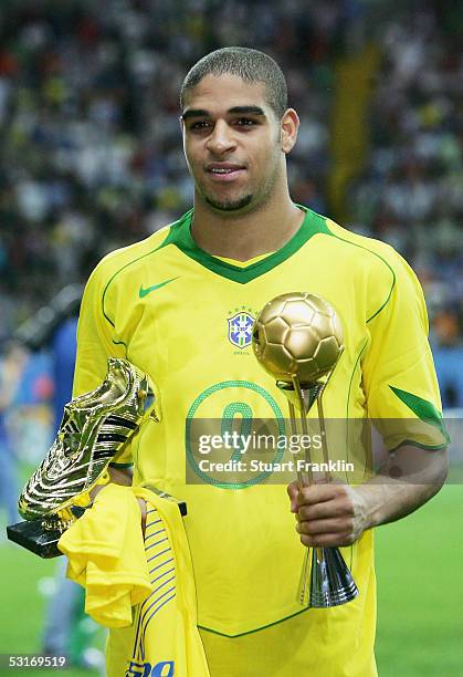 Adriano of Brazil with his Adidas Golden Shoe and Adidas Golden Ball awards following the FIFA 2005 Confederations Cup Final between Brazil and...