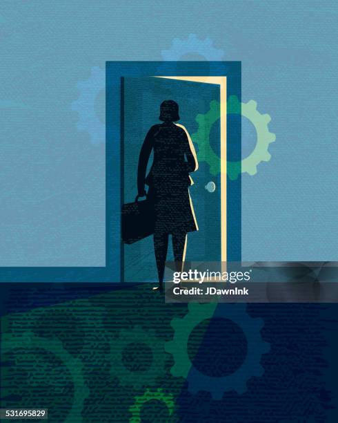 stylized business woman silhouette opening door - doorknob stock illustrations