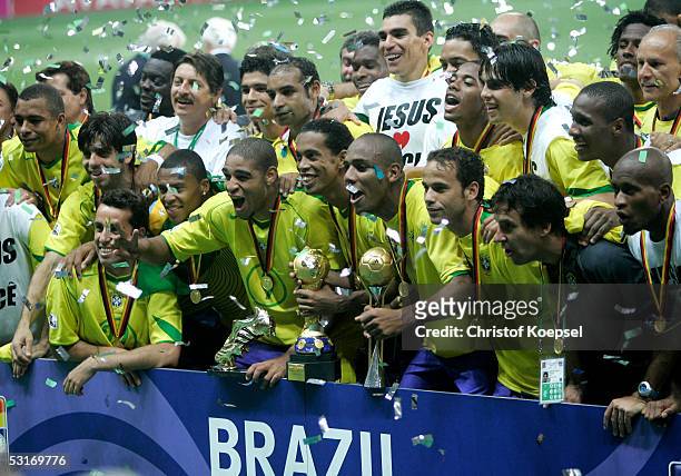 Brazil players celebrate victory following the FIFA 2005 Confederations Cup Final between Brazil and Argentina on June 29, 2005 at the Waldstadion in...