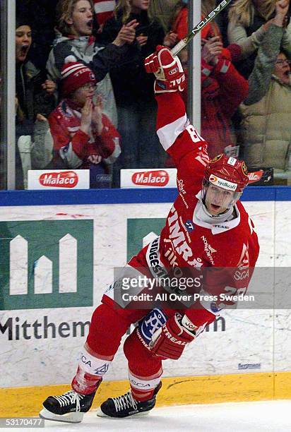 Canadian ice hockey player Kent Manderville of Timra celebrates during a game in the Swedish Elitserien hockey league during the 2004-2005 NHL...