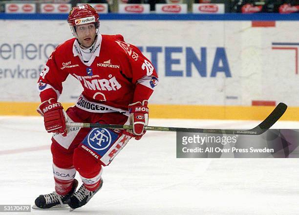 Canadian ice hockey player Kent Manderville of Timra skates through the neutral zone during a game in the Swedish Elitserien hockey league during the...