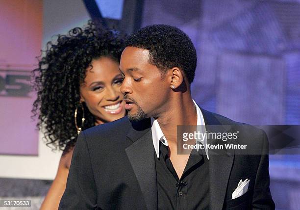 Hosts Will and Jada Pinkett Smith speak onstage at the BET Awards 05 at the Kodak Theatre on June 28, 2005 in Hollywood, California.