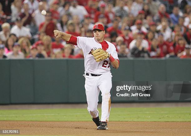 Dallas McPherson of the Los Angeles Angels of Anaheim throws against the Chicago White Sox during the game against the at Angel Stadium on May 25,...