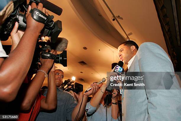 Sean May of the Charlotte Bobcats talks during a press conference on June 29, 2005 at the Presbyterian Healthcare in Charlotte, North Carolina. NOTE...