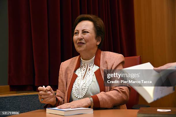 Nobel Prize Winner Shirin Ebadi signs copies of her new book 'Until We Are Free: My Fight for Human Rights in Iran' on May 16, 2016 in Milan, Italy.