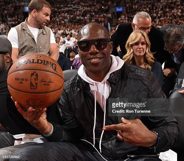 Former NFL player Terrell Owens attends the Miami Heat Game Five of the Eastern Conference Semifinals against the Toronto Raptors during the 2016 NBA...