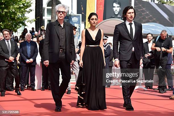 Director Jim Jarmusch, Golshifteh Farahani and Adam Driver attend the "Paterson" premiere during the 69th annual Cannes Film Festival at the Palais...