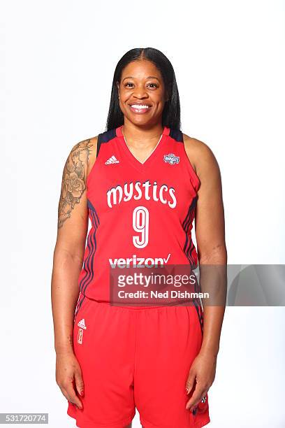 May 14: Kia Vaughn of the Washington Mystics poses for a portrait during Media Day on May 14, 2016 at Verizon Center in Washington, DC. NOTE TO USER:...