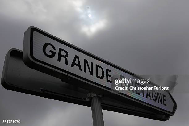 Sign points the way to Grande Bretagne at the Calais, Tunnel Sous La Manche terminal on May 13, 2016 in Calais, France. The Schengen Agreement, which...