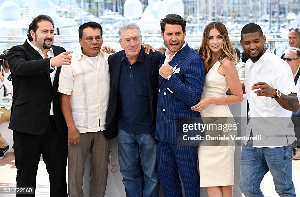 Director Jonathan Jakubowicz, Roberto Duran, Robert De Niro, Edgar Ramirez, Ana de Armas and Usher attend the "Hands Of Stone" photocall during the...