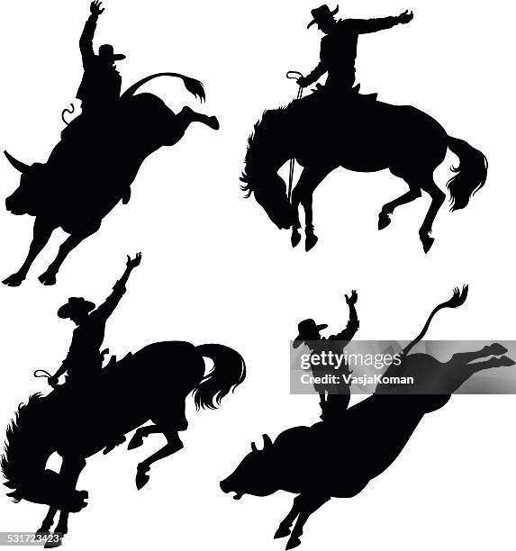 silhouettes depicting rodeo - rodeo bull stock illustrations