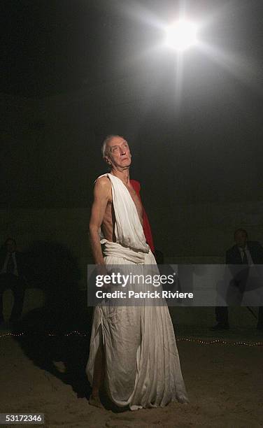 Actor Arthur Dignam performs during a photo call for William Shakespeare's Julius Caesar at the Wharf1 Theatre on June 30, 2005 in Sydney, Australia.