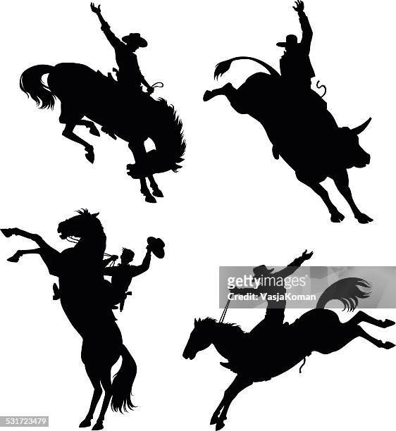 rodeo silhouettes set - recreational horseback riding stock illustrations