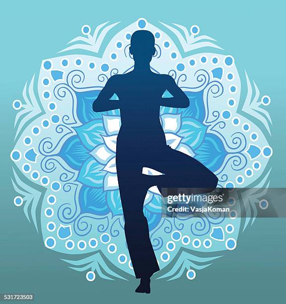 yoga posture with mandala - wellbeing background stock illustrations