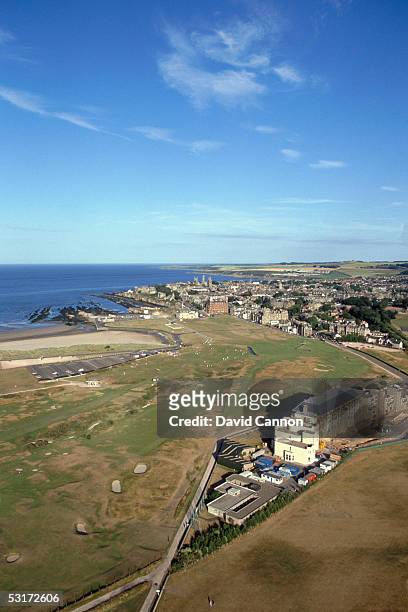 General view of the 17th hole and town with hotel during a photo shoot of The Old Course at St Andrew's, Scotland.