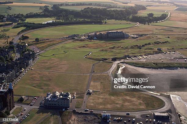 General view from behind the RKA Clubhouse down the 1st and 18th holes taken during a photo shoot of The Old Course at St Andrew's, Scotland.