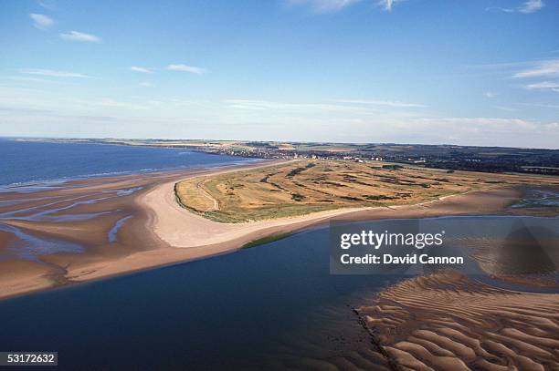 General view of the peninsula and course from the air taken during a photo shoot of The Old Course at St Andrew's, Scotland.