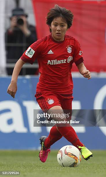 Mana Iwabuchi of Bayern Muenchen kicks the ball during the women Bundesliga match between FC Bayern Muenchen and 1899 Hoffenheim at Stadion an der...