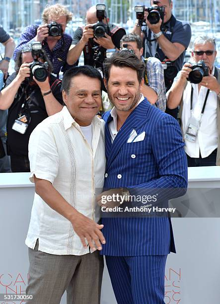 Roberto Duran and Edgar Ramirez attend the 'Hands Of Stone' Photocall at the annual 69th Cannes Film Festival at Palais des Festivals on May 16, 2016...