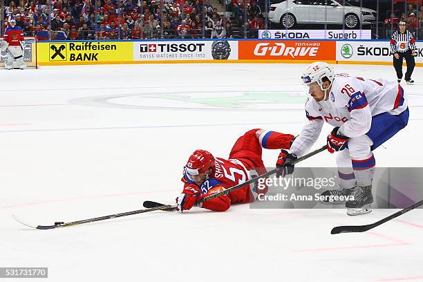 Sergei Shirokov of Russia and Kristian Forsberg of Norway battle for the puck at Ice Palace on May 16, 2016 in Moscow, Russia. Russia defeated...