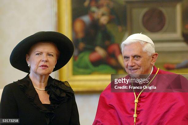 Pope Benedict XVI meets the President of the Republic of Latvia Vaira Vike-Freiberga at his private studio on June 30 in Vatican City.