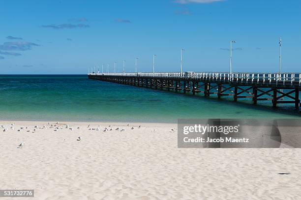 the busselton jetty over the margaret river coastline - boardwalk australia stock pictures, royalty-free photos & images