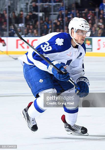 Matt Frattin of the Toronto Marlies skates up ice against the Albany Devils during AHL playoff game action on May 14, 2016 at Ricoh Coliseum in...