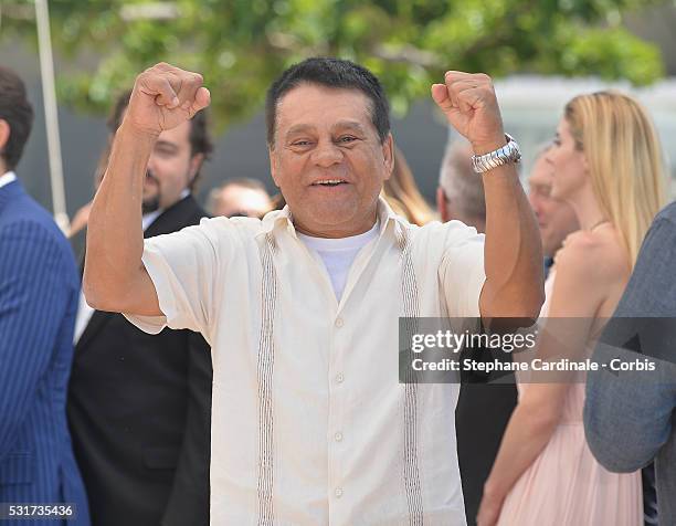 Boxer Roberto Duran attends the "Hands Of Stone" Photocal during the 69th annual Cannes Film Festival at the Palais des Festivals on May 16, 2016 in...