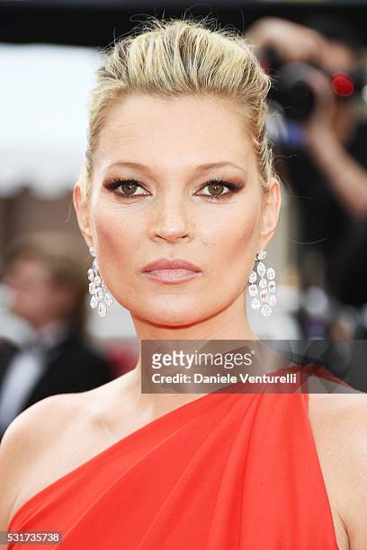 Model Kate Moss attends the "Loving" premiere during the 69th annual Cannes Film Festival at the Palais des Festivals on May 16, 2016 in Cannes,...