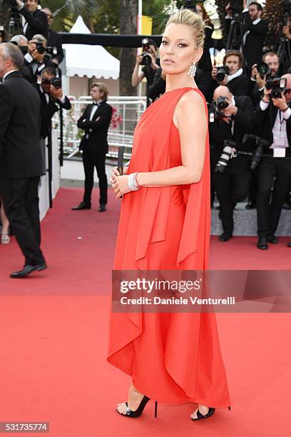 Model Kate Moss attends the "Loving" premiere during the 69th annual Cannes Film Festival at the Palais des Festivals on May 16, 2016 in Cannes,...