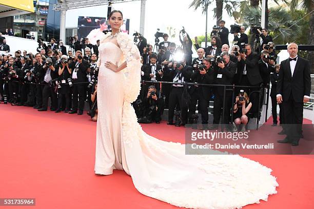 Actress Sonam Kapoor attends the "Loving" premiere during the 69th annual Cannes Film Festival at the Palais des Festivals on May 16, 2016 in Cannes,...