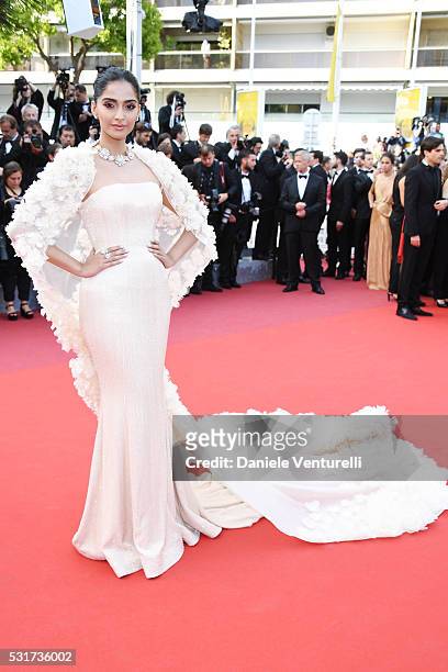 Actress Sonam Kapoor attends the "Loving" premiere during the 69th annual Cannes Film Festival at the Palais des Festivals on May 16, 2016 in Cannes,...