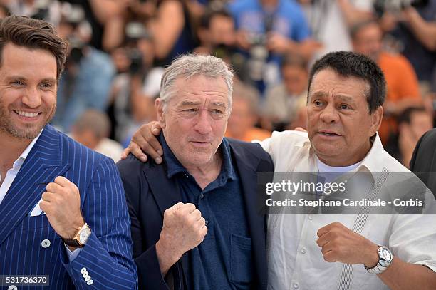 Edgar Ramirez, Robert De Niro and Roberto Duran attend the "Hands Of Stone" Photocal during the 69th annual Cannes Film Festival at the Palais des...