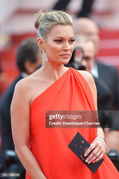 Model Kate Moss attends the "Loving" premiere during the 69th annual Cannes Film Festival at the Palais des Festivals on May 16, 2016 in Cannes,...