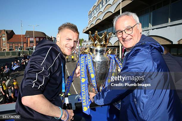 Jamie Vardy of Leicester City and manager Claudio Ranieri of Leicester City pose with the trophy during the Leicester City Barclays Premier League...