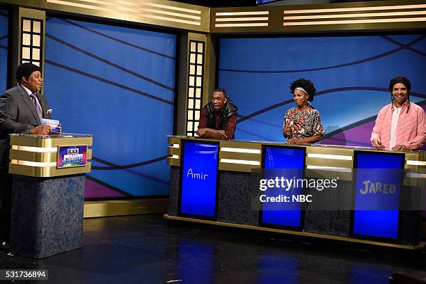 Drake" Episode 1703 -- Pictured: Kenan Thompson as Darnell Hayes, Jay Pharoah as Amir, Sasheer Zamata as Keeley, and Drake as Jared during the "Black...