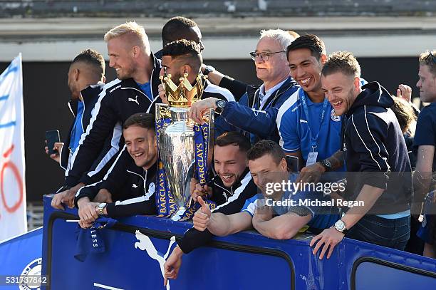 The Buses carrying the Leicester squad and trophy makes it's way through the the streets during the Leicester City Barclays Premier League winners...