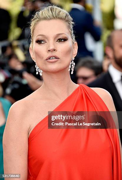 Model Kate Moss attends the "Loving" premiere during the 69th annual Cannes Film Festival at the Palais des Festivals on May 16, 2016 in Cannes,...