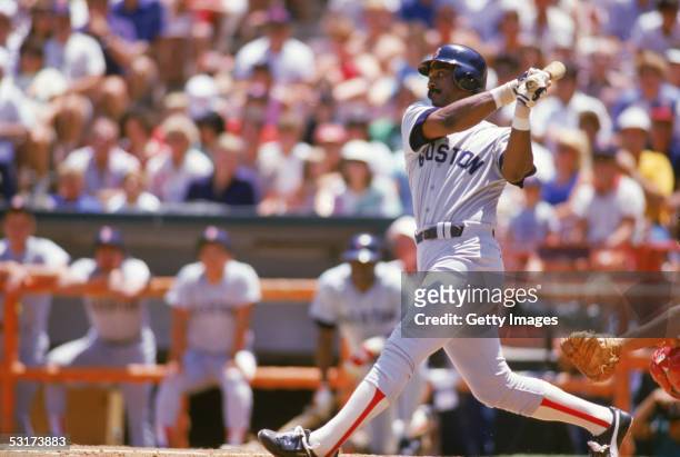 Jim Rice of the Boston Red Sox bats against the California Angels during a July 1986 game at Anaheim Stadium in Anaheim, California.