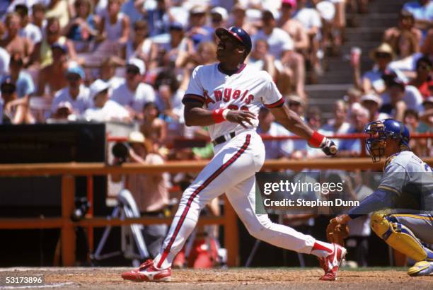 Dave Winfield of the California Angels bats against the Milwaukee Brewers during a game in the 1990 season at Anaheim Stadium in Anaheim, California.