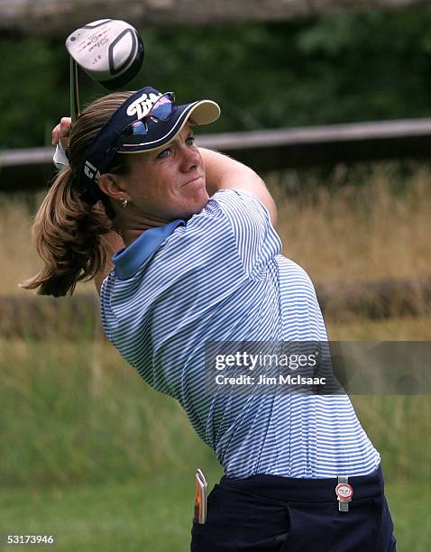 Eathorne of Canada hits her tee shot on the fourth hole during her match against Catriona Matthew of Scotland in the first round of the HSBC Women's...