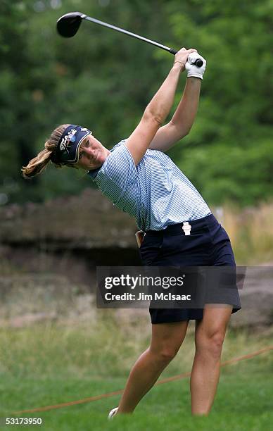 Eathorne of Canada hits her tee shot on the second hole during her match against Catriona Matthew of Scotland in the first round of the HSBC Women's...