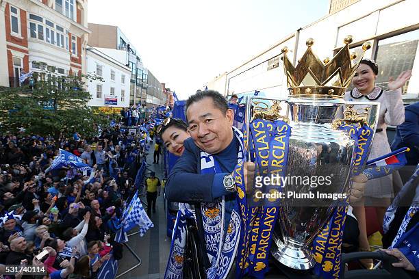 Chairman Vichai Srivaddhanaprabha of Leicester City on the Leicester City Barclays Premier League Winners Bus Parade on May 16th, 2016 in Leicester,...