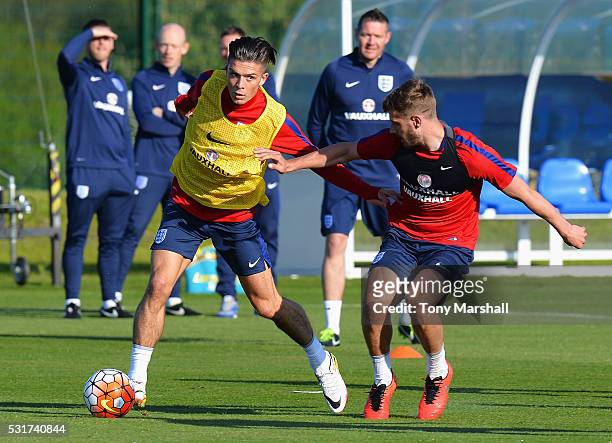 Jack Grealish in action during an England Under 21 training session at St Georges Park on May 16, 2016 in Burton-upon-Trent, England.